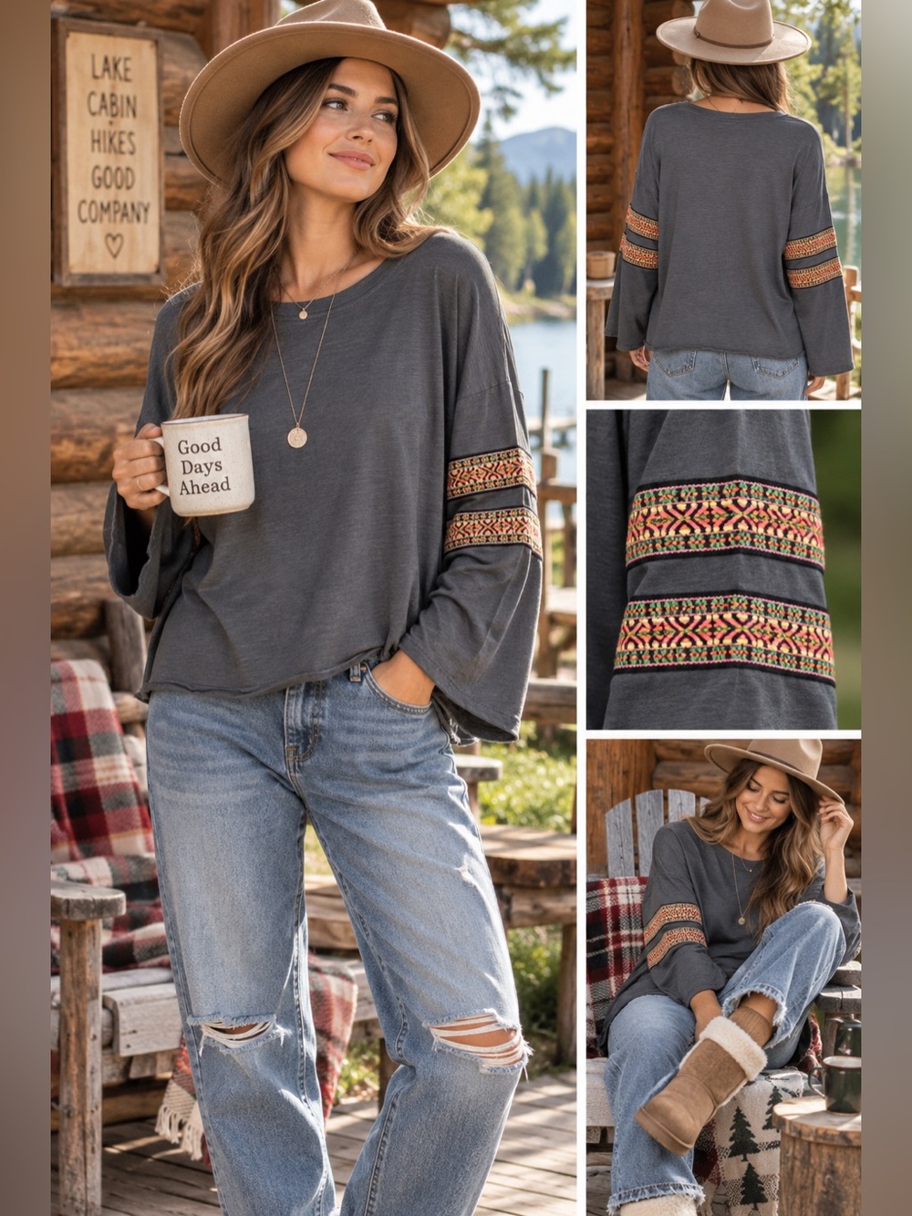 Natural Life Charcoal Gray Boho Embroidered Sleeve Boxy Top L/XL